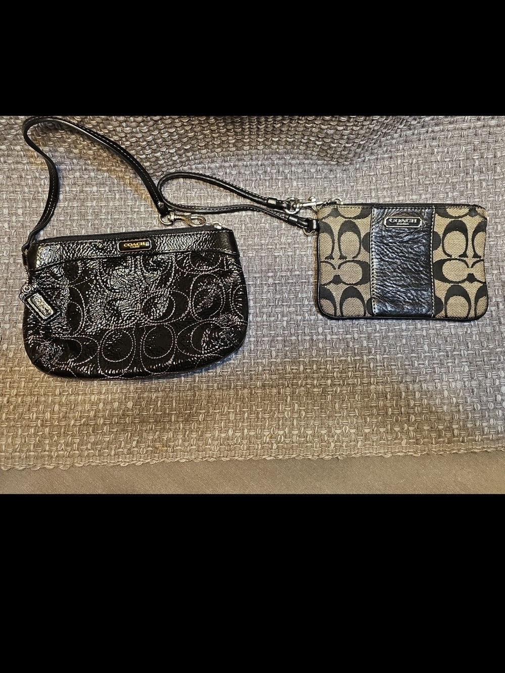 Coach Black Patent Logo Wristlet with Tan Signature Zip Pouch